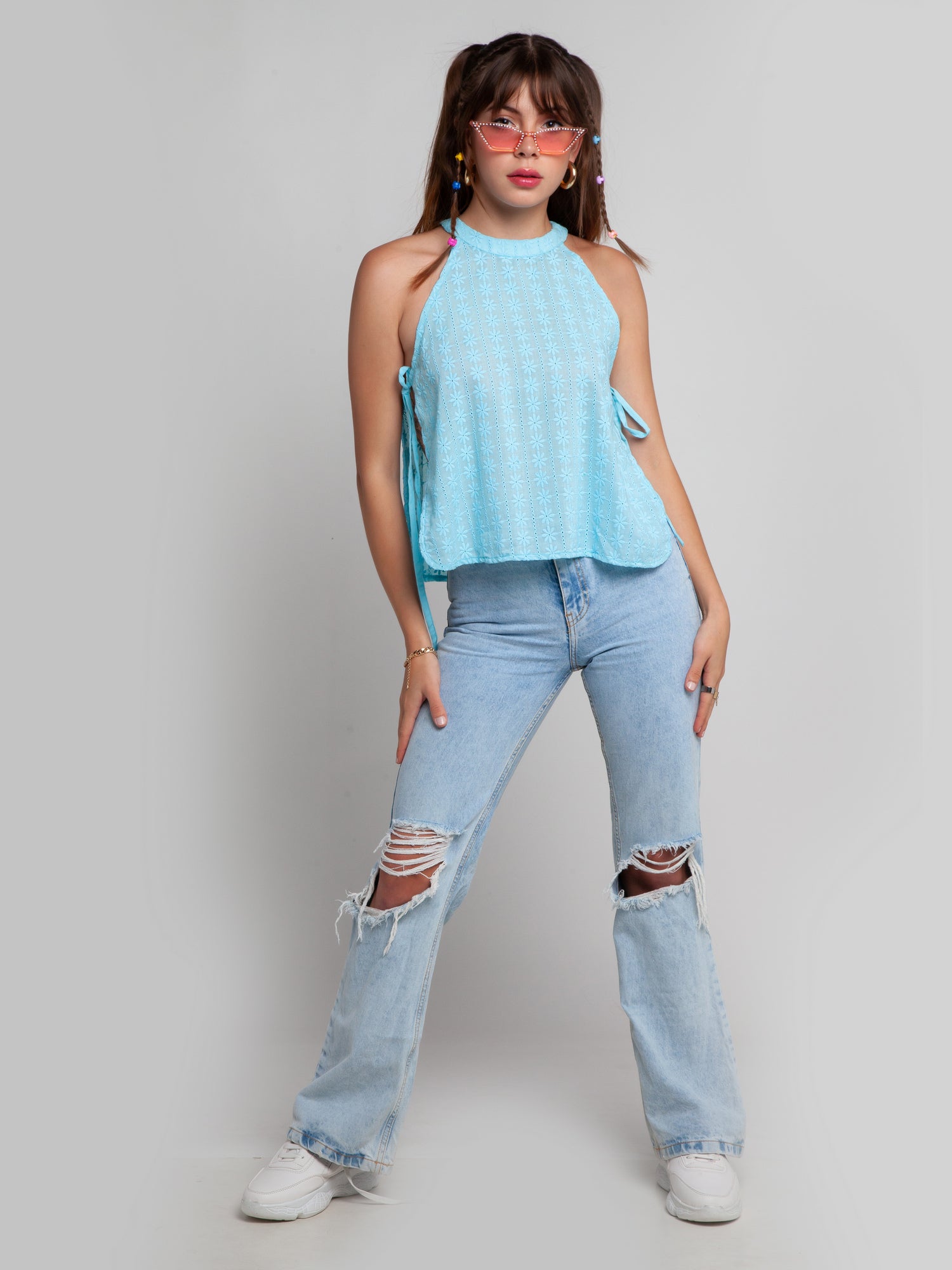 Blue Self Design Tie-Up Top